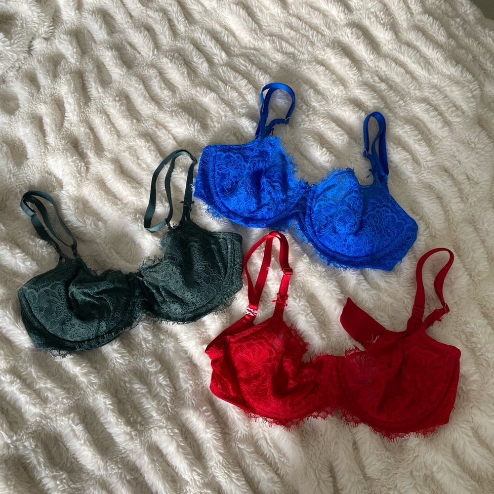 Victoria’s Secret Lace Balconette Bralette Bras in a set of 3 - Red, Blue, Green
